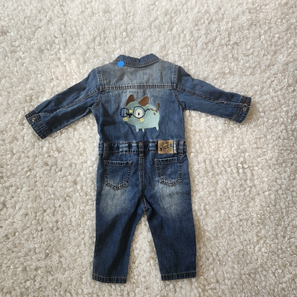 Souris Mini Denim Baby Jumpsuit 6-9M Blue Jean Overalls Romper with Dog Patch - Picture 11 of 12